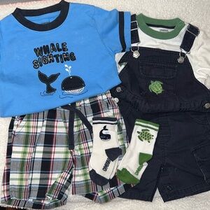 GYMBOREE 6 pc set boy tops shorts overalls socks 12-24 months